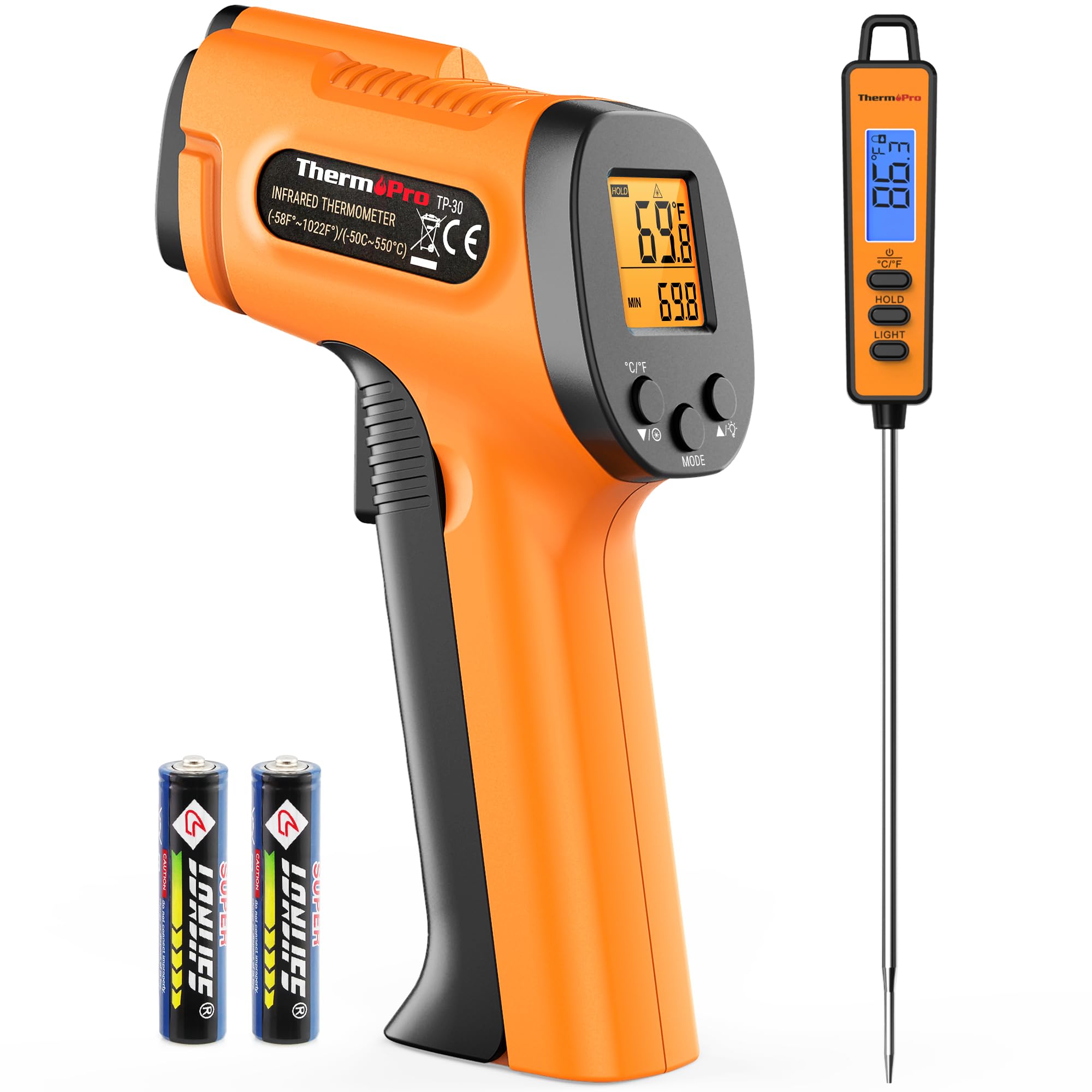 Photo 1 of ThermoPro Temperature Gun, Infrared Thermometer Gun with Laser Pointer, Meat Thermometer Digital with Super Long Probe, Food Thermometer for Cooking, Laser Thermometer Gun -58?-1022? Not for Human