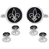 Fleur De Lys Cufflinks and Studs Formal Set Tuxedo in a Presentation Gift Box Black Fleur De Lis Silver Round Wedding