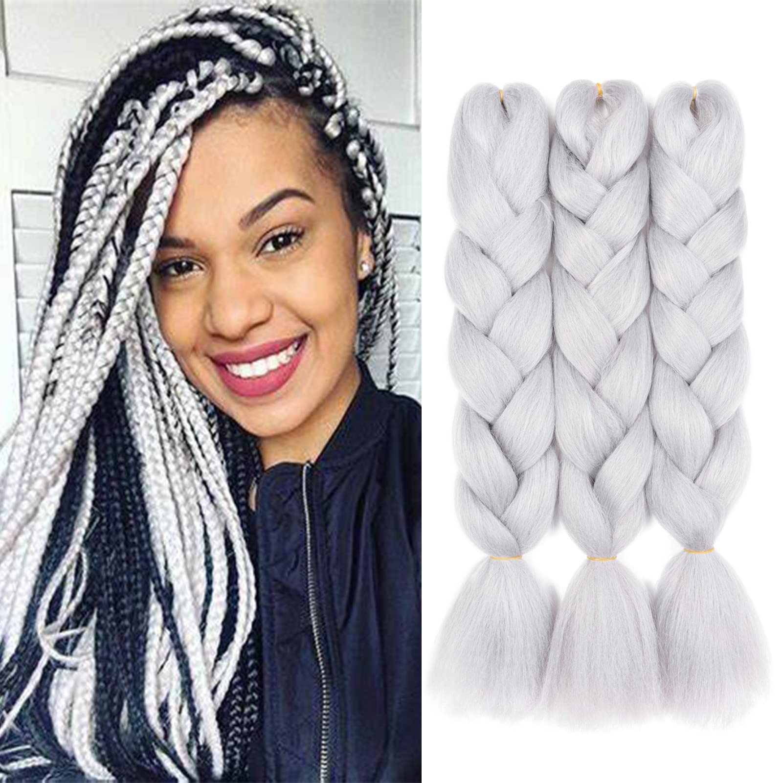 Gairyan Braiding Hair Extensions Ombre Jumbo Braids Synthetic Hair 3 Packs 24 inches 300g Coloured Hair for Braiding Extensions Box Braids Crochet Twist (Light Gray) โ image 1