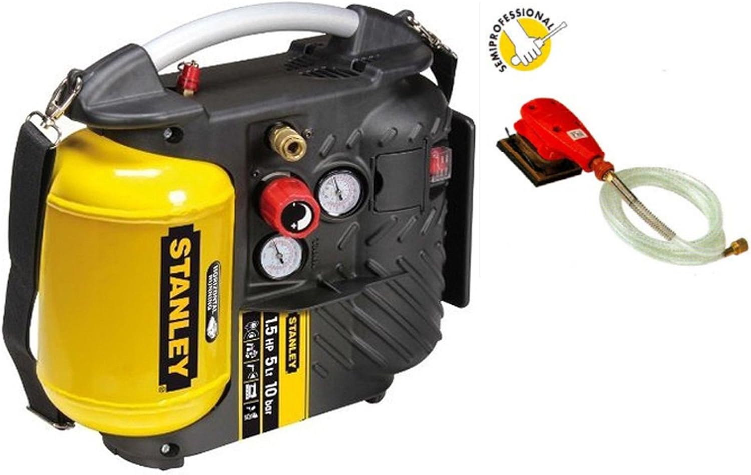 Portable Air Compressor Stanley Airboss DN200/10/5 5 Lt 1.5 Hp 10 Bar Strap + minilevigatrice