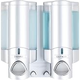 Better Living Aviva Wall Mount Shower Dispenser, 2 x 11oz, Satin Silver | 2 Chamber, Shampoo, Conditioner, Body Wash and Soap Dispenser, Built-in Hooks, No Drill, Waterproof Shampoo Soap Dispenser