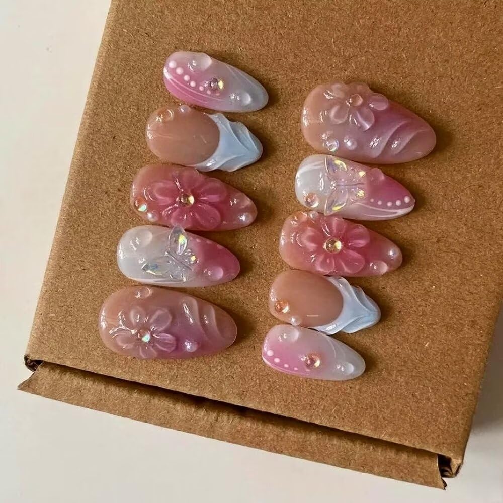 Press On Nails - Luxury Medium Almond 3D False Nails Women Reusable ABS Material Finger Printed Nail Tip French Salon Design Artificial Fingernail - Image 2