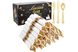 Liacere 100Pack Pre Rolled Gold Silverware and Napkin-Disposable Gold Plastic Utensils-Wrapped Plastic Cutlery Set with Napkin:100 Forks,100 Knives,100 Spoons,100 Napkins for Christmas＆New Years