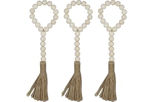 CVHOMEDECO. Wood Beads Garland with Tassels 3 PCS Farmhouse Rustic Wooden Prayer Bead String Wall Hanging Accent for Home Festival Decor. Natural