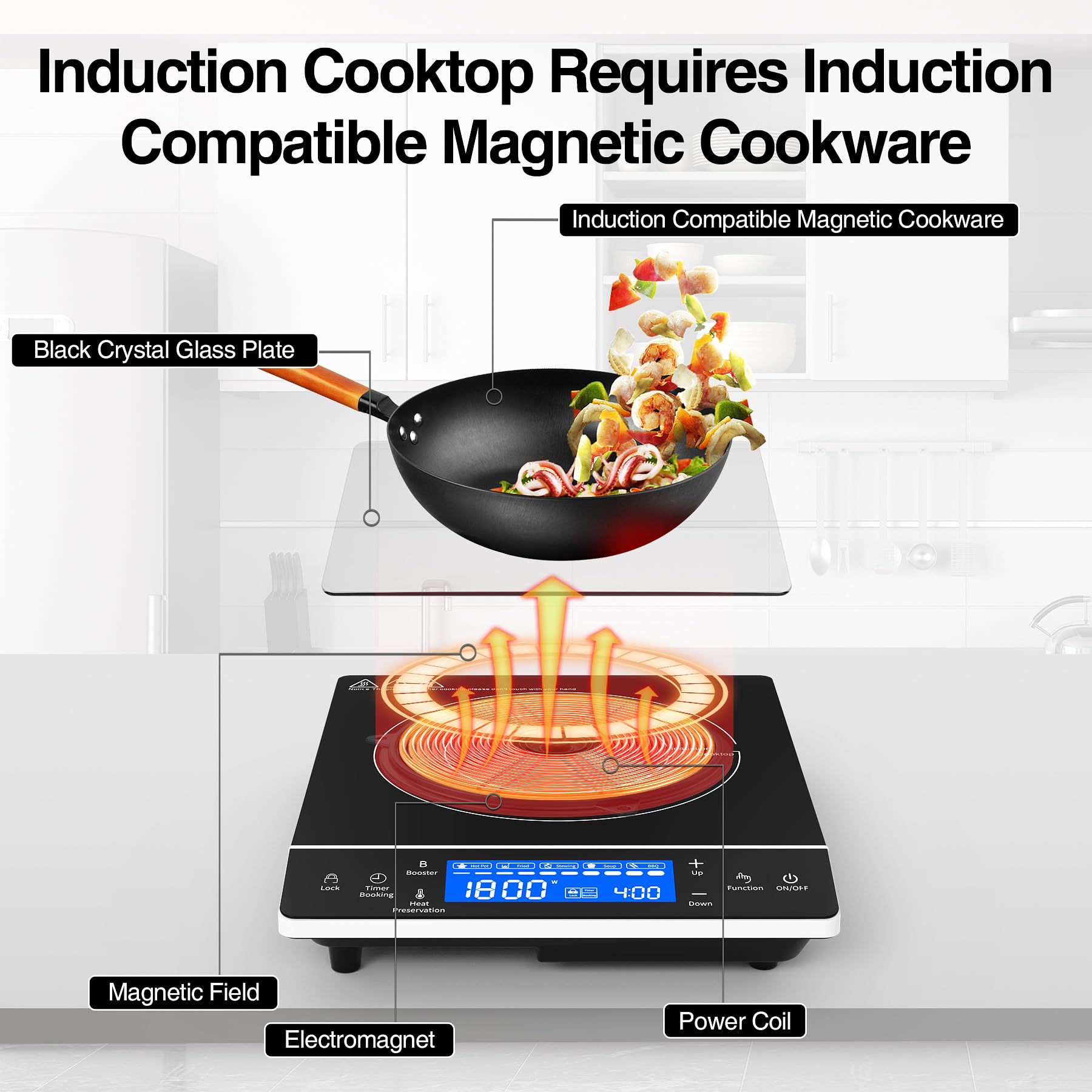 VBGK Induction Cooktop, 1800W Single Burner Electric cooktop,Induction Stove Top with Large LCD Sensor Touch, Induction Hot Plate with 9 Temperature Levels, Child Safety Lock & 4H Timer