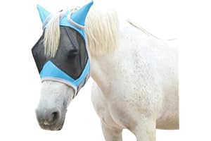 Gallopoff Horse Fly Mask with Ears, Fine Mesh UV-Proof Fly Mask for Horses Paleblue Cob