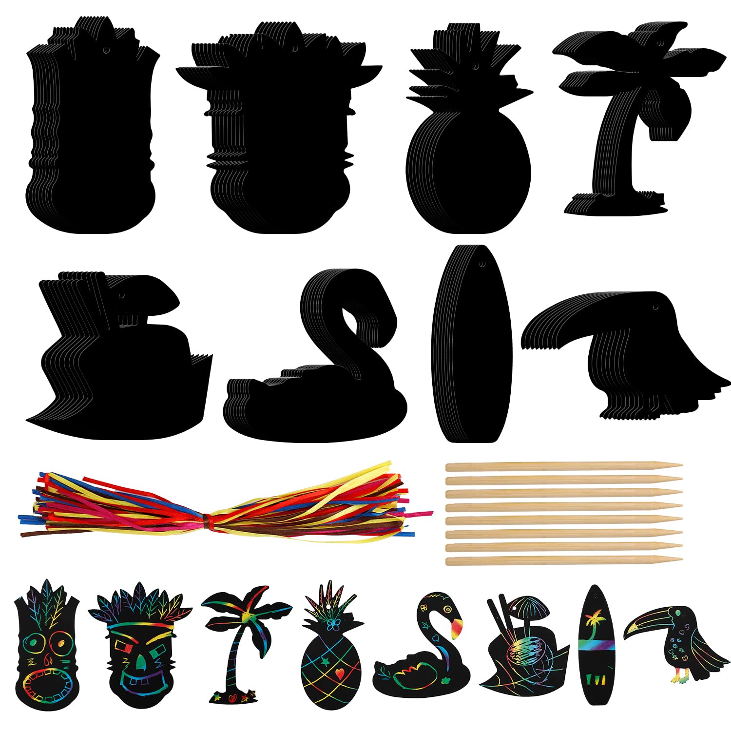 PEUTIER 80pcs Hawaiian Scratch Cards, Rainbow Hawaiian Themed Scratch Off with Ribbons and Wood Sticks Scratch Paper Kit for Congratulation Activities Ornament Supplies for Kids