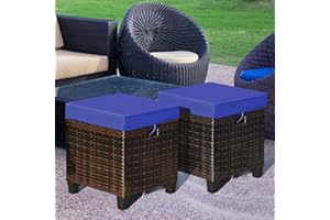 Toolsempire Patio Ottoman Outdoor Rattan Wicker Ottoman Seat, 2 Pieces All Weather Footstool Footrest Seat with Removable Cushions, Outdoor Ottoman Set for Patio, Porch, Poolside (Navy Blue)