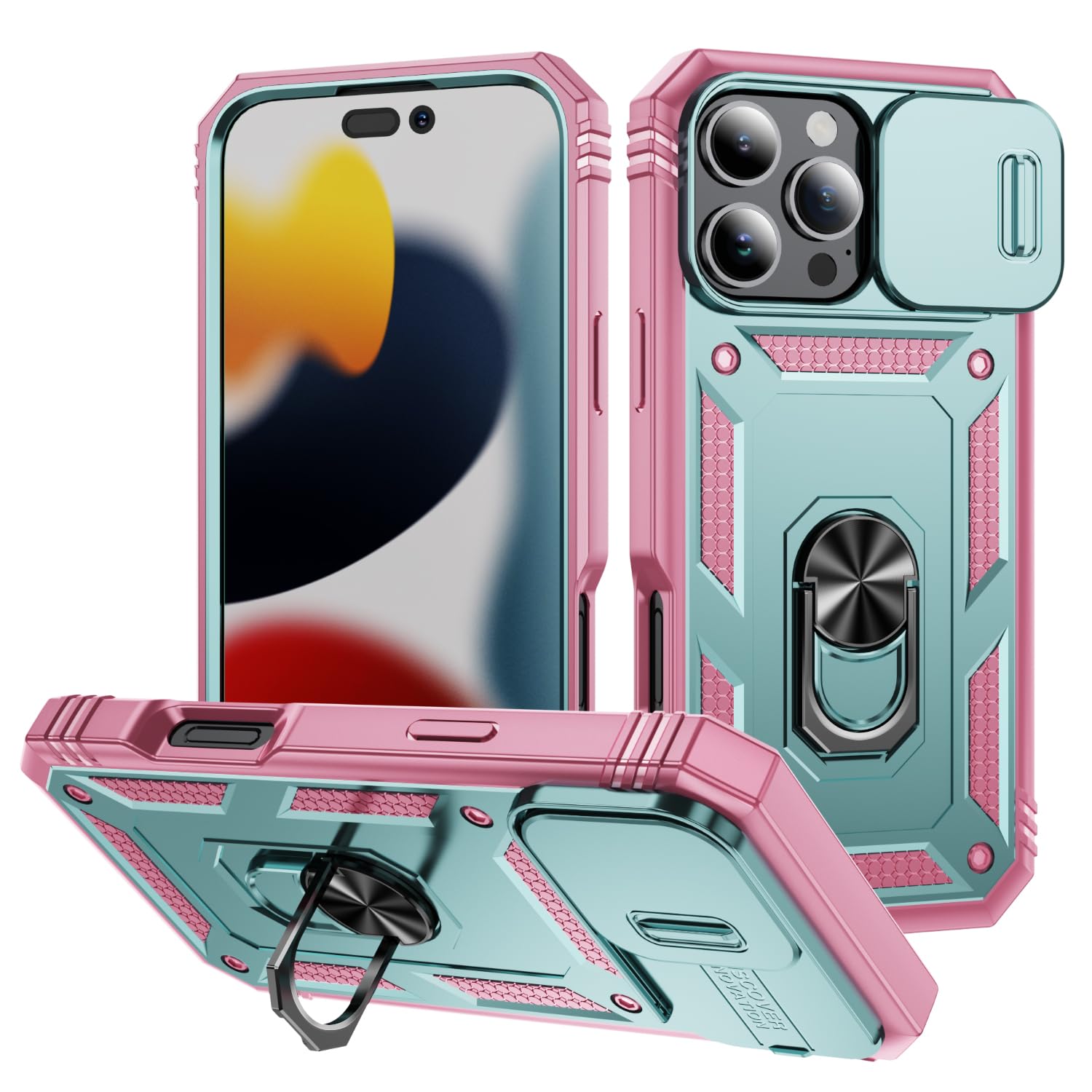 DAWEIXEAU Case Compatible with iPhone 16 Pro, Shockproof Impact Resistant with Slide Lens Protective Cover Case for iPhone 16 Pro 6.3 inch (Pink Green)