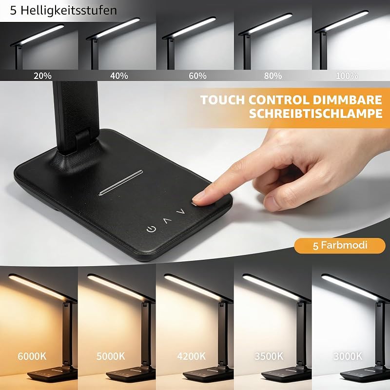 Schreibtischlampe LED, Tischlampe Dimmbar, Eye Caring Foldable, Desk Lamp mit 5 Helligkeitsstufen, Tischlampemit USB Ladeanschluss Touch Steuerung für Kinder, Schlafzimmer, Lektüre, Büros (Schwarz)