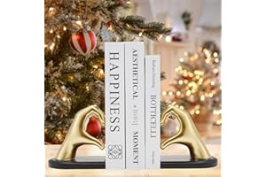 Xmeden Gold Bookends, Heavy Duty Bookend Holder Decor, Golden Finger Heart Shaped Decor, Modern Art Sculpture, Finger Home Decoration, Bookends Decorative, Boho Decor for Desktop Bedroom Study Room