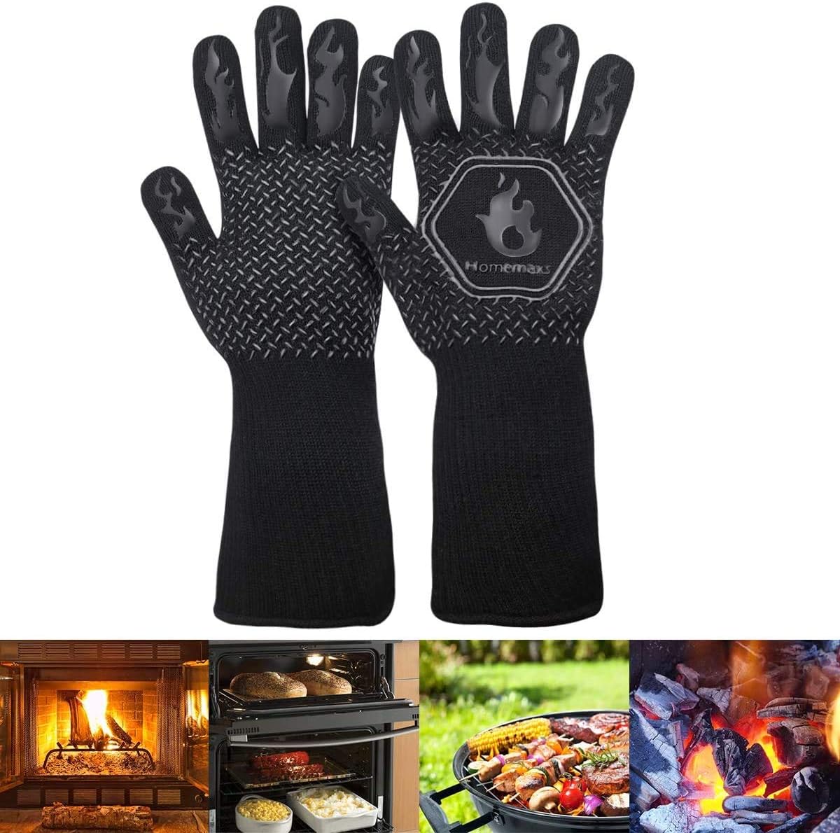 Homemaxs BBQ Gloves 1472℉ Extreme Heat Resistant Grill Gloves, Food Grade Kitchen Oven Mitts, Silicone Non-Slip Cooking Gloves : Garden & Outdoor