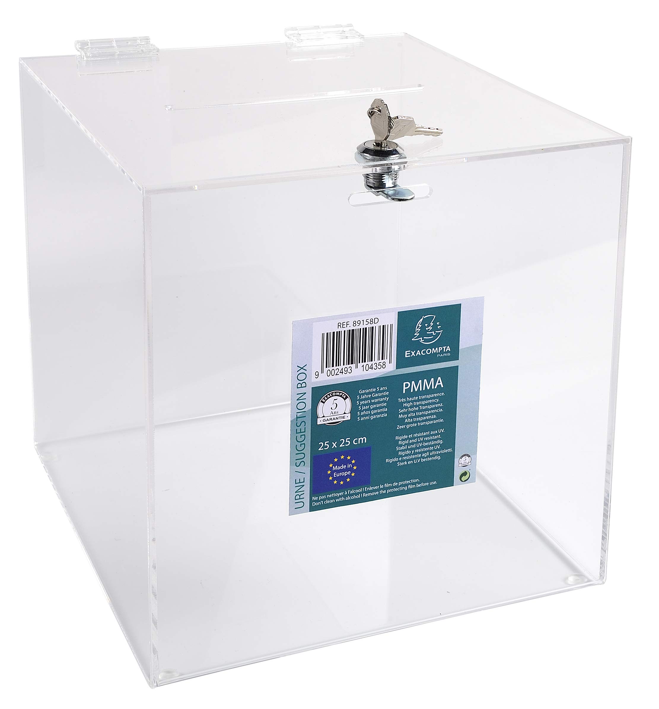 Exacompta - Ref 89158D - Lockable Suggestion Box with Lid and Key - 250 x 250 x 250mm in Size, High Quality, PMMA (Acrylic) Material, Hinged Lid - Transparent