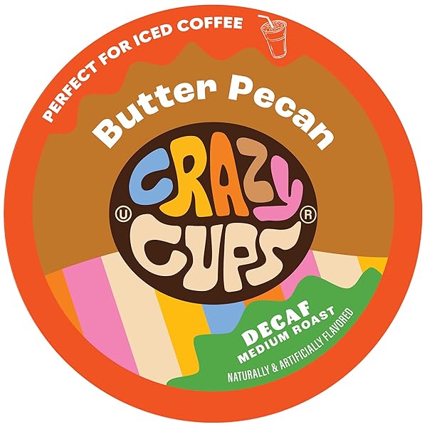 CRAZY CUPS FLAVORED DECAF COFFEE PODS, DECAF BUTTER PECAN COFFEE, DECAF K CUPS FOR KEURIG K CUPS MACHINES, HOT OR ICED COFFEE, SINGLE SERVE DECAFFEINATED COFFEE IN RECYCLABLE PODS, 22 COUNT