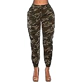 Double Denim Women's High Waist Jogger Pants - Casual Cargo Elastic Waistband Sweatpants Tapered Fatigue with 6 Pockets SCP-2049 Camo S