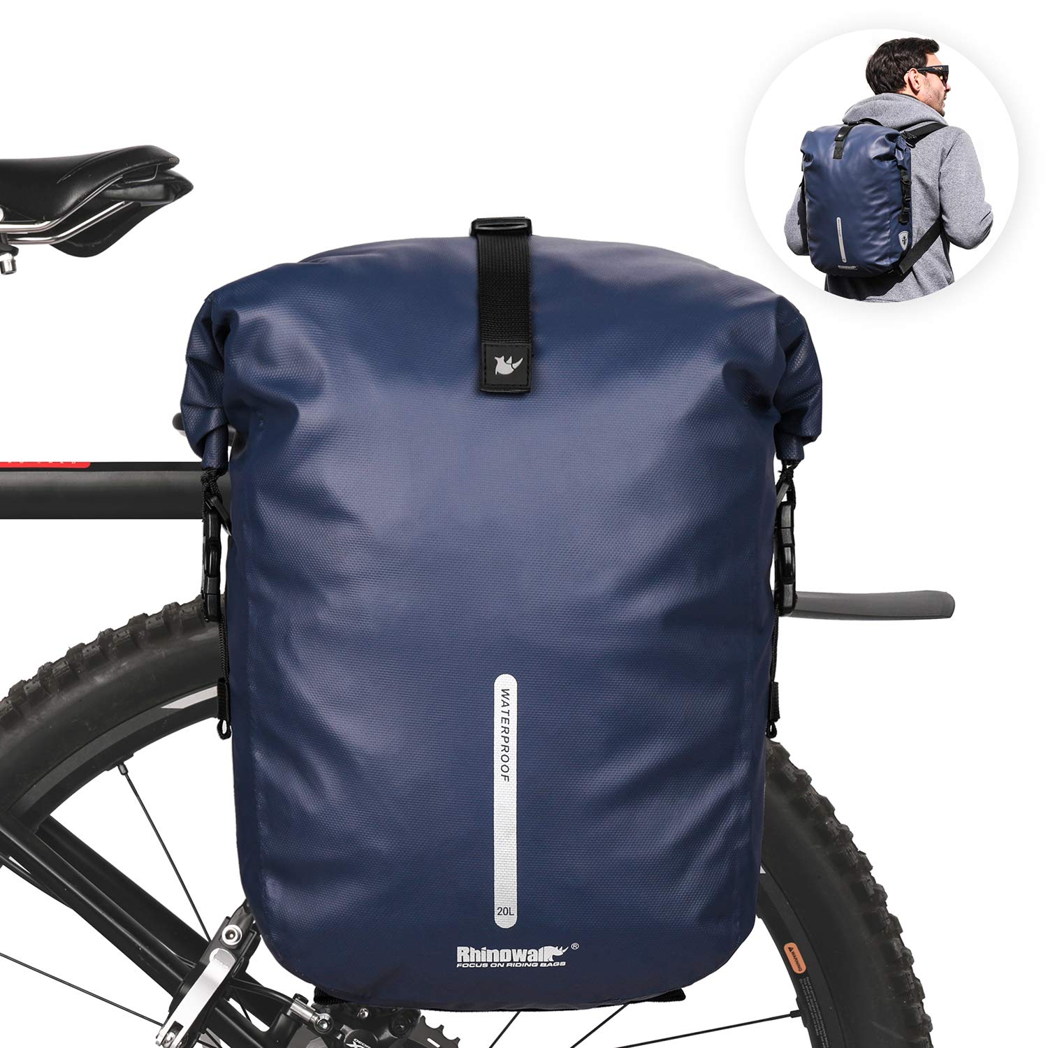 Rhinowalk Bike Pannier 20L Bicycle Rear Rack Bag - Laptop Storage, Backpack, Shoulder Bag With Rain Cover