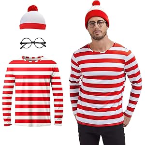 QPAXUCR 3PCS Red and White Striped Shirt Hat Glasses Suits Adult Men for Halloween