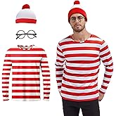 QPAXUCR 3PCS, Red and White Striped Shirt Hat Glasses Suits Adult Men Halloween Cosplay Costume