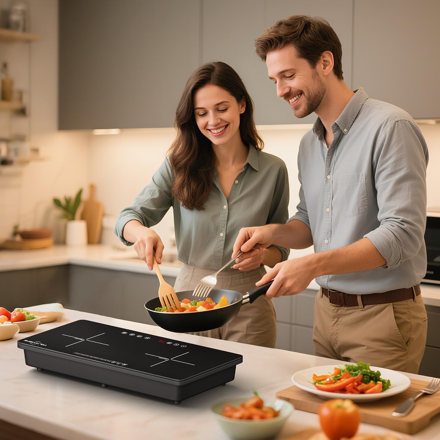 VoltCuisine 1800W Dual Induction Cooktop – Compact 2-Burner Electric Stove, 9 Power Levels, Touch Control, Timer & Safety Lock, Ideal for Apartments, RVs, and Small Kitchens