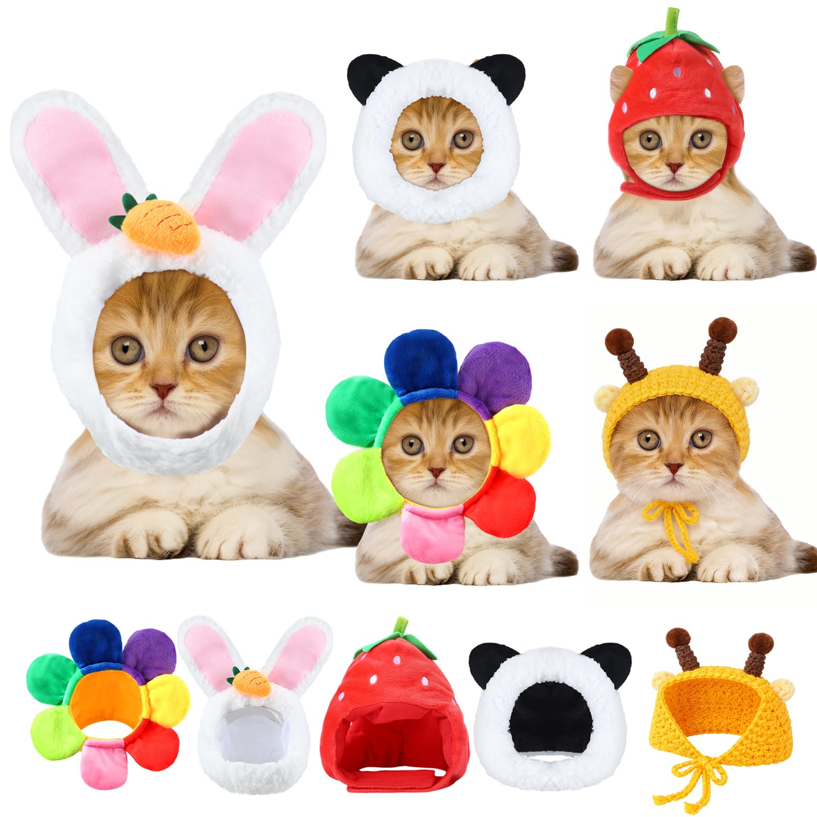 5 Pcs Adorable Cat & Dog Costume - Bunny Hat with Ears (Panda, Rabbit, Pineapple, Strawberry, Flower)