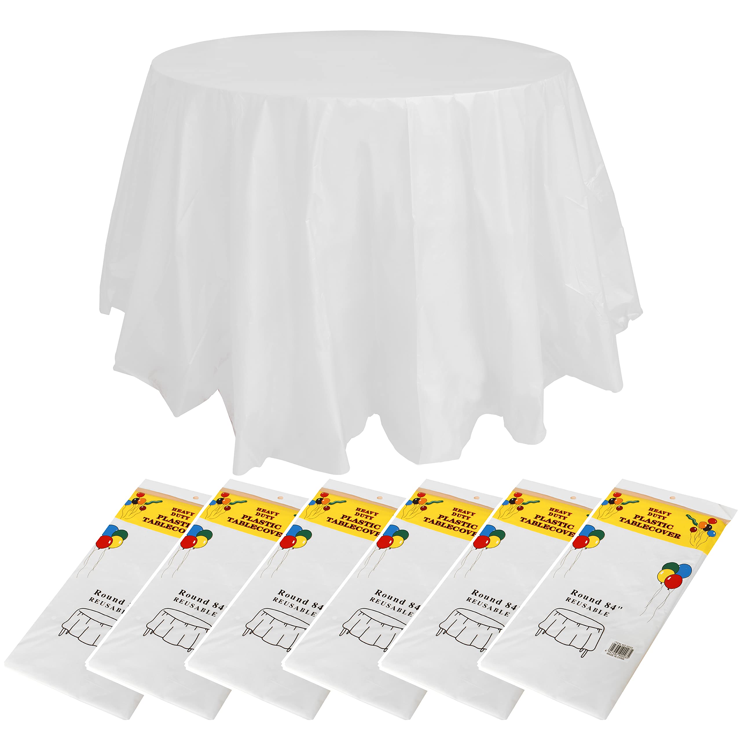 6 Pack Round Disposable Table Cloth 84 inch Plastic Disposable PEVA Water Resistant Table Cloths Circle Table Cover for Wedding Banquet Restaurant BBQ Party Fine Dining Wedding Outdoor(White)
