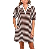 Yousify Women's Summer Lapel Collared V Neck Striped Dress Casual Puff Short Sleeve Polo Tshirt Dresses with Pockets