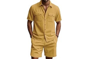 Fashion Beach Outfits for Men 2 Piece:Casual Solid Color Texture Linen Tracksuit Boho Bech Vacation Travel Outfits