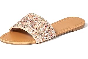 REDTOP Women's Rhinestone Sandals Slide Glitter Bling Casual Sandal Flat Open Toe Sparkle Slides