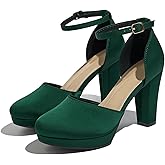 Lyngixko Women's High Block Heels Pumps Round Closed Toe Ankle Strap Dress Wedding Shoes