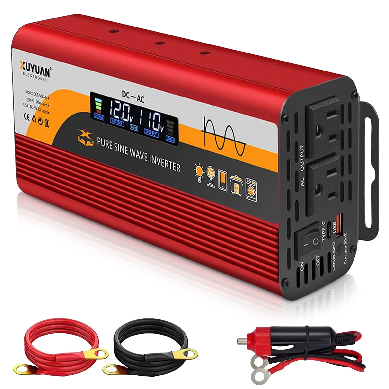 Photo 1 of 1000W Pure Sine Wave Inverter, 12V/24V Auto-Detect, 50Hz/60Hz Switchable, LCD Display, Type-C Fast Charging, Silent Design, Overload & Overheat Protection for RV, Home