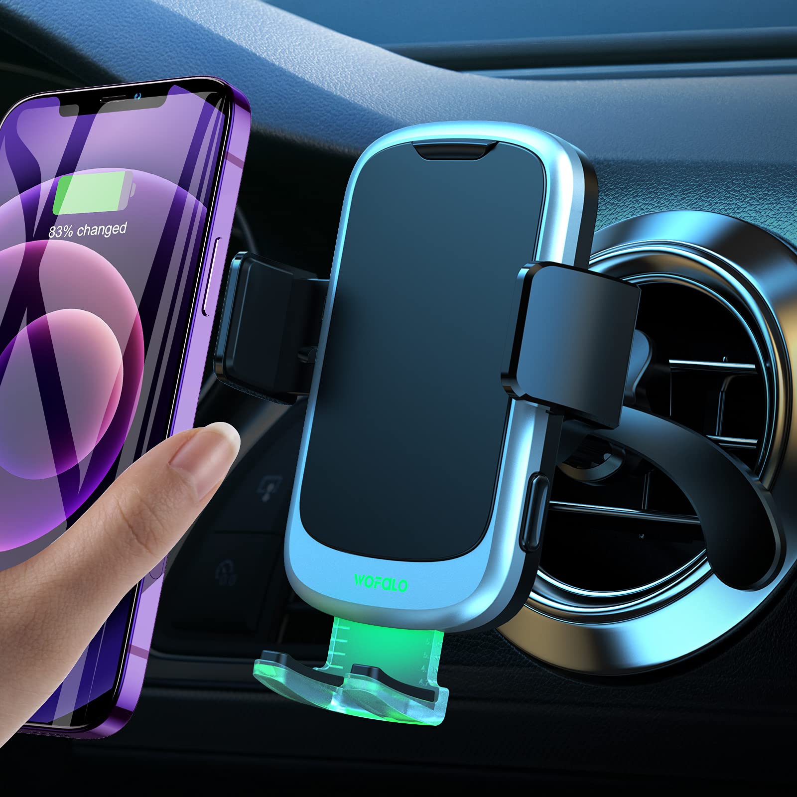 WOFALO 15W Qi Wireless Car Charger,[Hidden Automatic]Fast in Car Wireless Charger Automatic Sensor Phone Holder Vent Mount Compatible for Samsung S20/S10,for iPhone 12 Pro Max Mini 11/8/XS/XR etc B