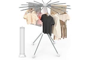 GFTIME Clothes Drying Rack, Foldable Portable Laundry Drying Rack with 16 Adjustable Poles, Collapsible Drying Racks, Space-S