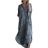 Chunoy Womens Button Down V Neck Kimono Sleeve Long Kaftan Beachwear Cover Up Maxi Dress