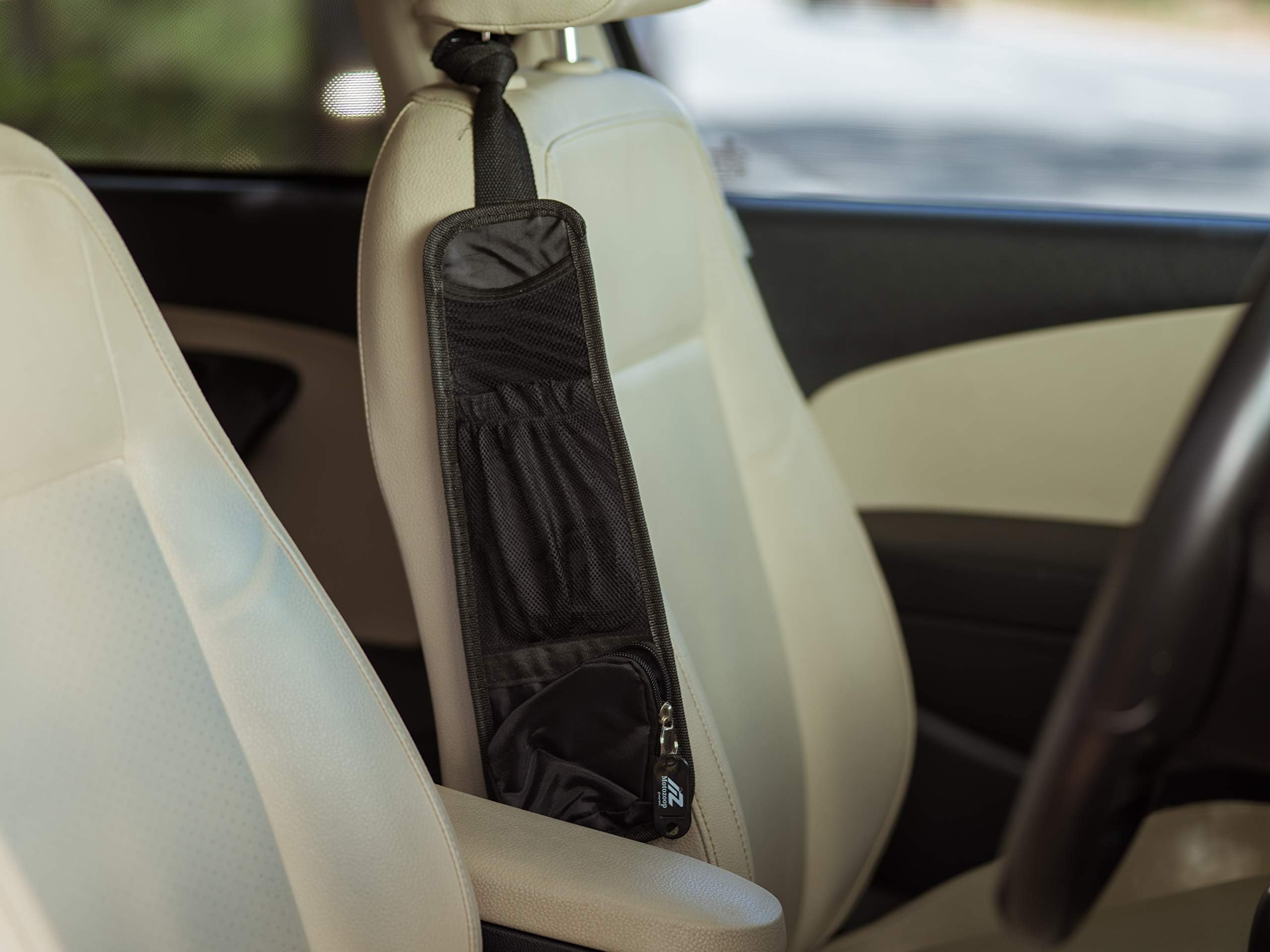 Motozoop ® Universal Car Seat Side Storage Bag - Portable Hanging Storage Bag with Multi-Pocket - Cell Phone Sun Glasses Drinks Holder Travel Organizer