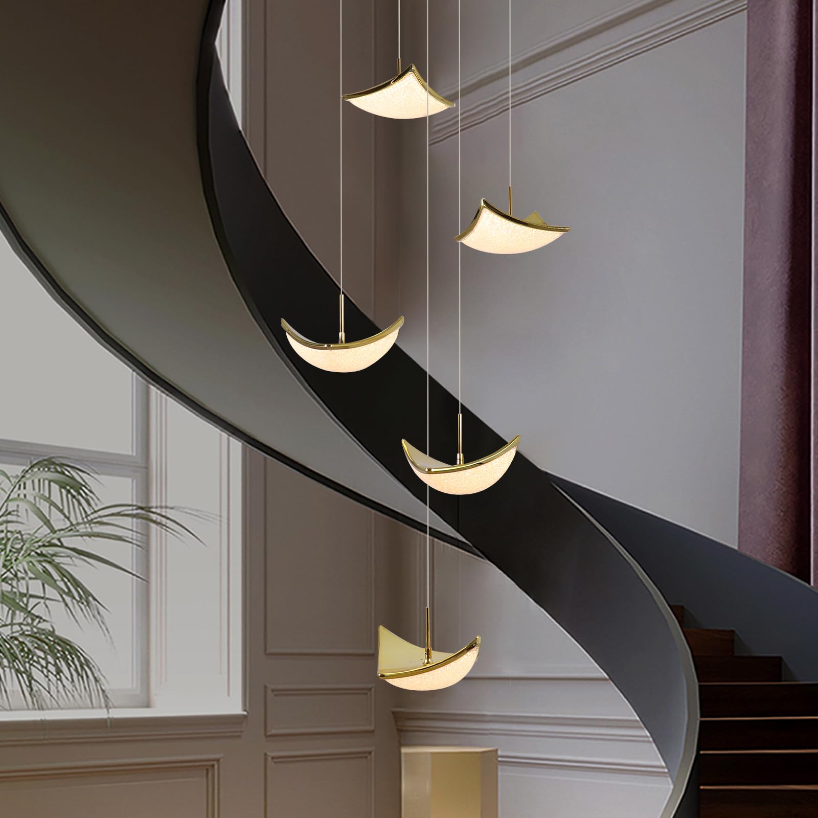 Photo 1 of 5-Lights Chandelier Lighting,Modern Chandelier,Gold Chandeliers for Dinning Room,Staircase with Height Adjustable,High Ceiling Chandelier for Living Room,Entryway,Dimmable LED Chandelier(3000K-6000K)