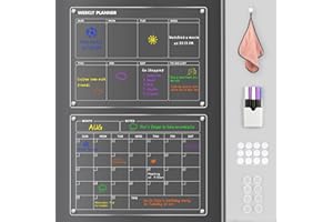 JIALAI HOME Monthly & Weekly Acrylic Calendar Dry Erase Board for Fridge 16"x12" Inches, Reusable Planner Magnetic Planning Boards Set Refrigerator Noteboard Includes 6 Markers, Set of 2