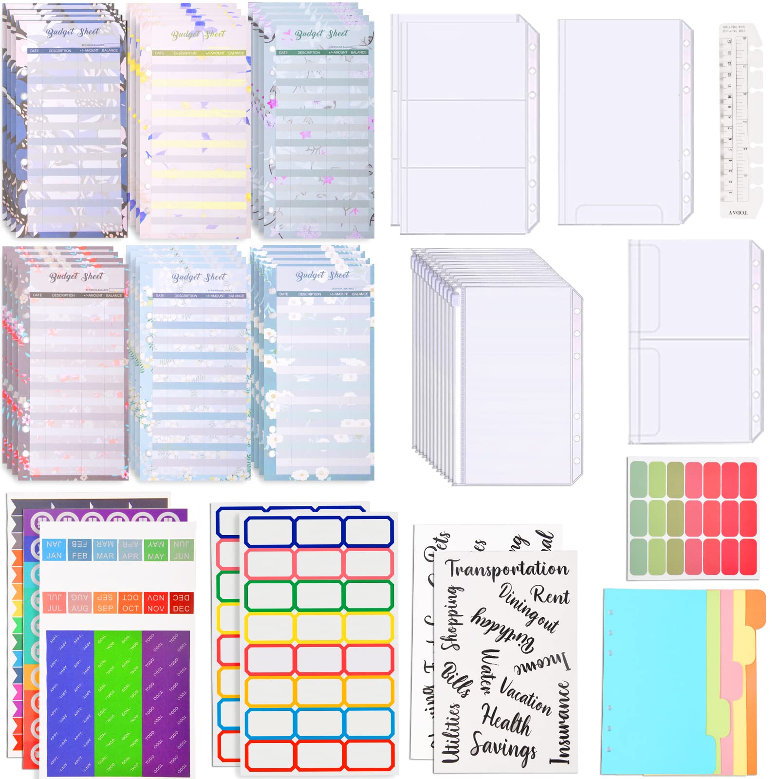 Pack of 54 Budget Planner Accessories, Budget Planner A6 Refill Paper, A6 Binder Bags, Sticker Label, Ruler, 6 Holes Binder Pockets Zip for Financial Planner, Money Saving Folder (Style 3)