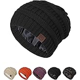 Durio Satin Lined Beanie for Women - Unisex Slouchy Beanie Fashionable Oversized Cable Knit Hat Skull Cap