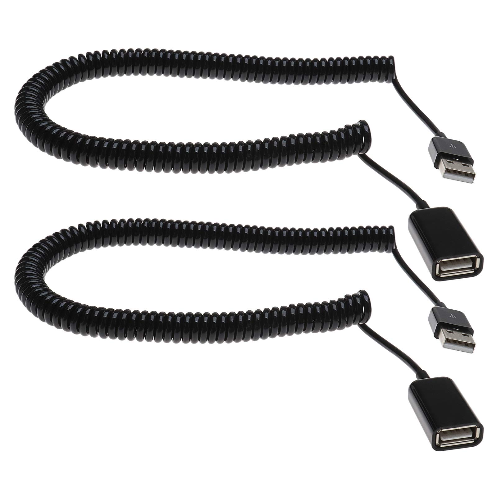 Be In Your Mind 2Pcs USB 2.0 Male to Female Spiral Coiled Adapter Cable 3M Black Spring Telescopic Extension Wire Cord For Data Syncing & Charging