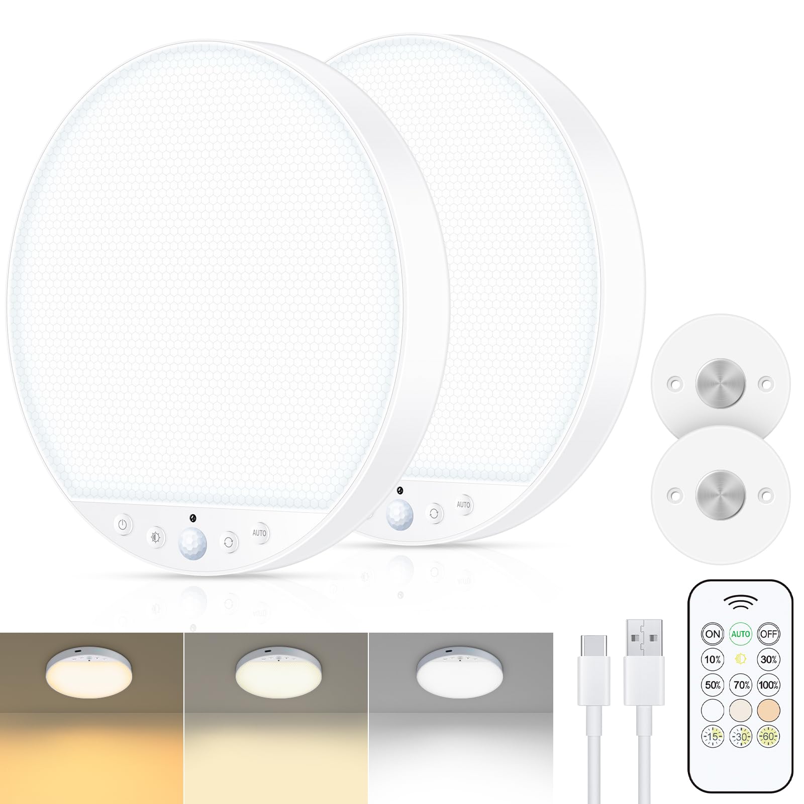 Photo 1 of Rechargeable 6W Motion Sensor Ceiling Light, Wireless Magnetic Stick-On, Remote Control for Color & Brightness, Battery Operated Light for Shower, Closet, Bathroom, Pantry, Hallway, 2-Pack