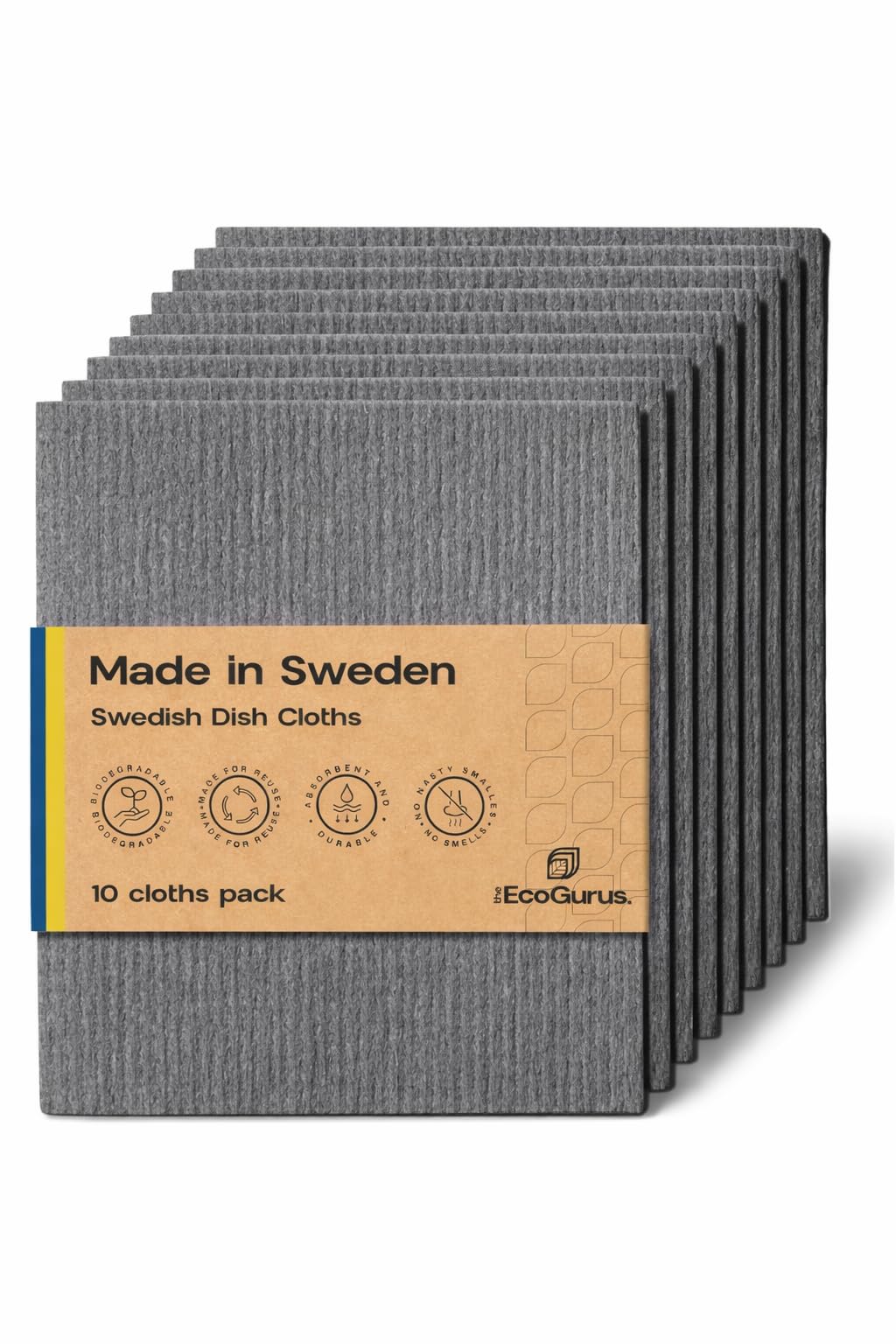 The EcoGurus 10 Pack Odour-Resistant Reusable Cleaning Cloths | Original Swedish Dishcloth | Made in Sweden | Suitable for All Surfaces | Biodegradable Cellulose Sponge | Kitchen & Bathroom | Grey