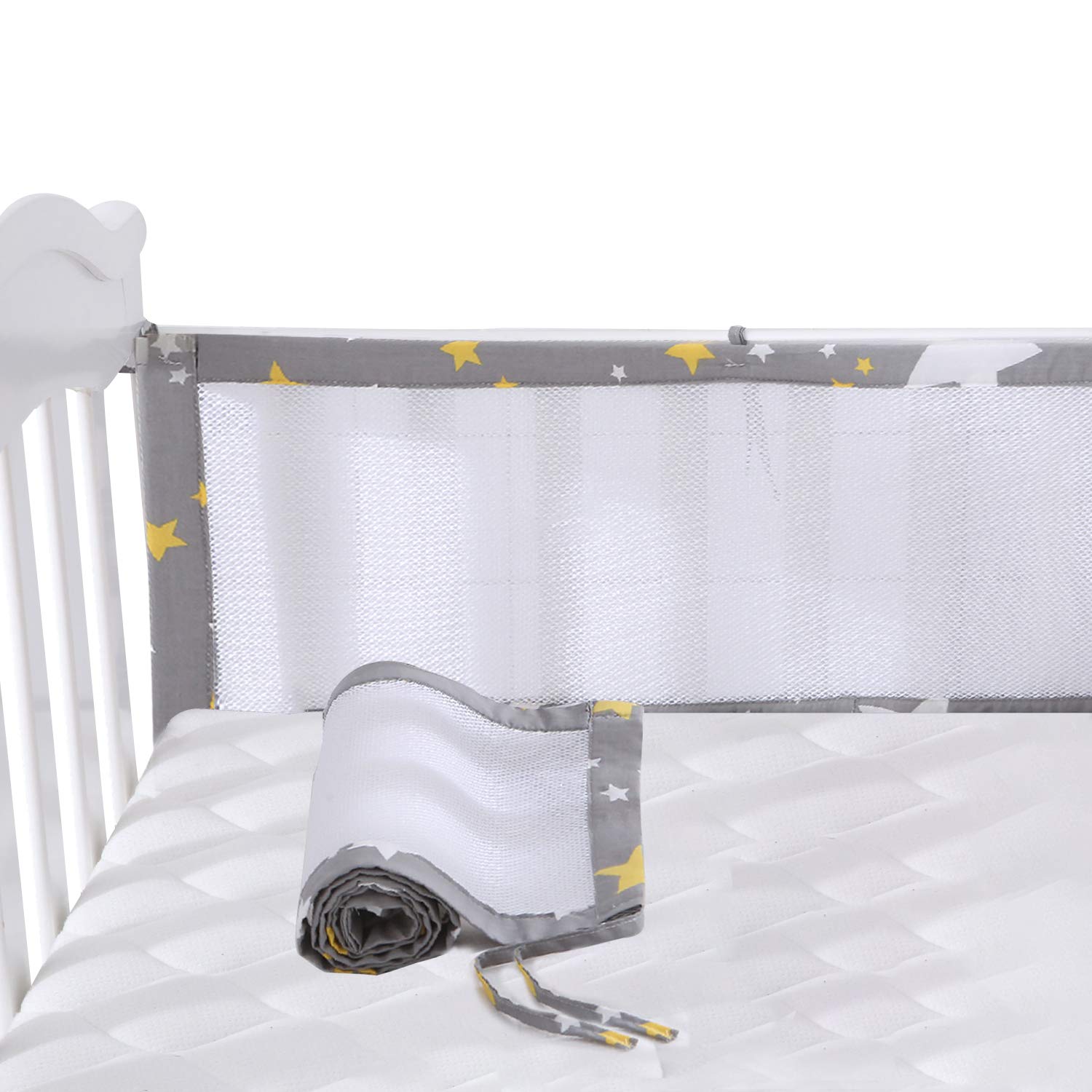 LMMKARE Upgrade Long Ties Mini Mesh Crib Bumpers Breathable for Boys Safe Pads for Standard Baby Crib Liner Classic Grey Stars 52" x 12" x 2pcs : Baby