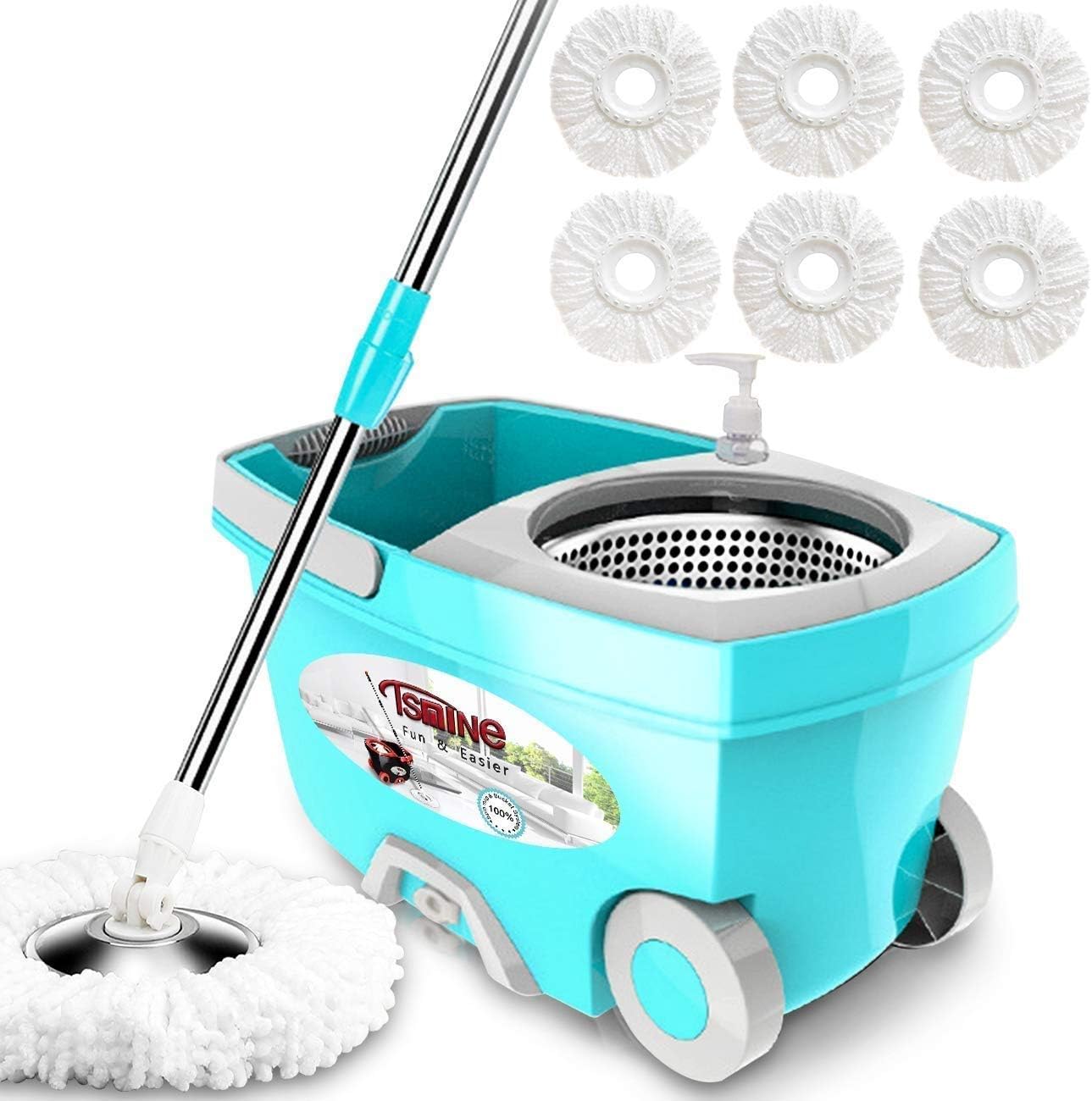 Tsmine Spin Mop Bucket System Stainless Steel Deluxe 360 Spinning Mop Bucket Floor Cleaning System with 6 Microfiber Replacement Head Refills,61"Extended Handle, 2x Wheel for Home Cleaning - MINT: Home & Kitchen