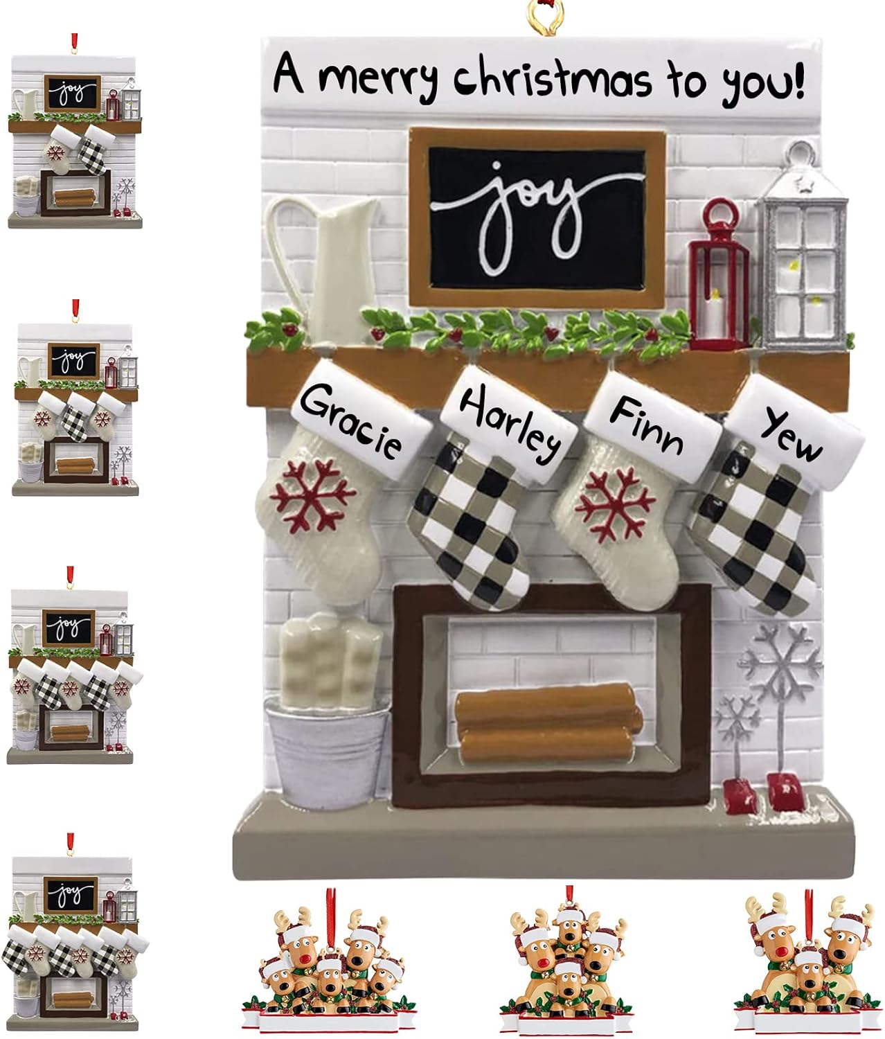 Ornaments - Personalized Christmas Ornaments 2023 Fireplace Mantle Family of 2/3/4/5/6 Custom Joy Family Members' Name for Xmas Tree Decorations Customized New Year Keepsake Family Ornament（Family of 4）