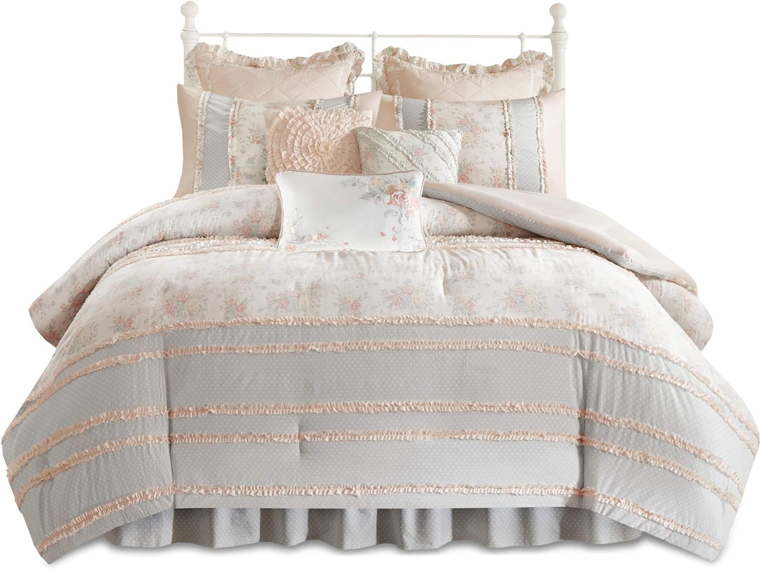 Madison Park 100% Cotton Comforter Set-Modern Cottage Design All Season Down Alternative Bedding, Matching Shams, Bedskirt, Decorative Pillows, Queen(90"x90"), Serendipity, Coral 9 Piece: Home & Kitchen