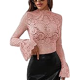 Women's Long Sleeve Lace Mesh Tops High Neck Sheer Blouse Sexy Floral Going Out Top