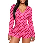 VFURYGD Womens Deep V Neck Romper Pajamas Long Sleeve One Piece Bodysuits Bodycon Jumpsuit Shorts