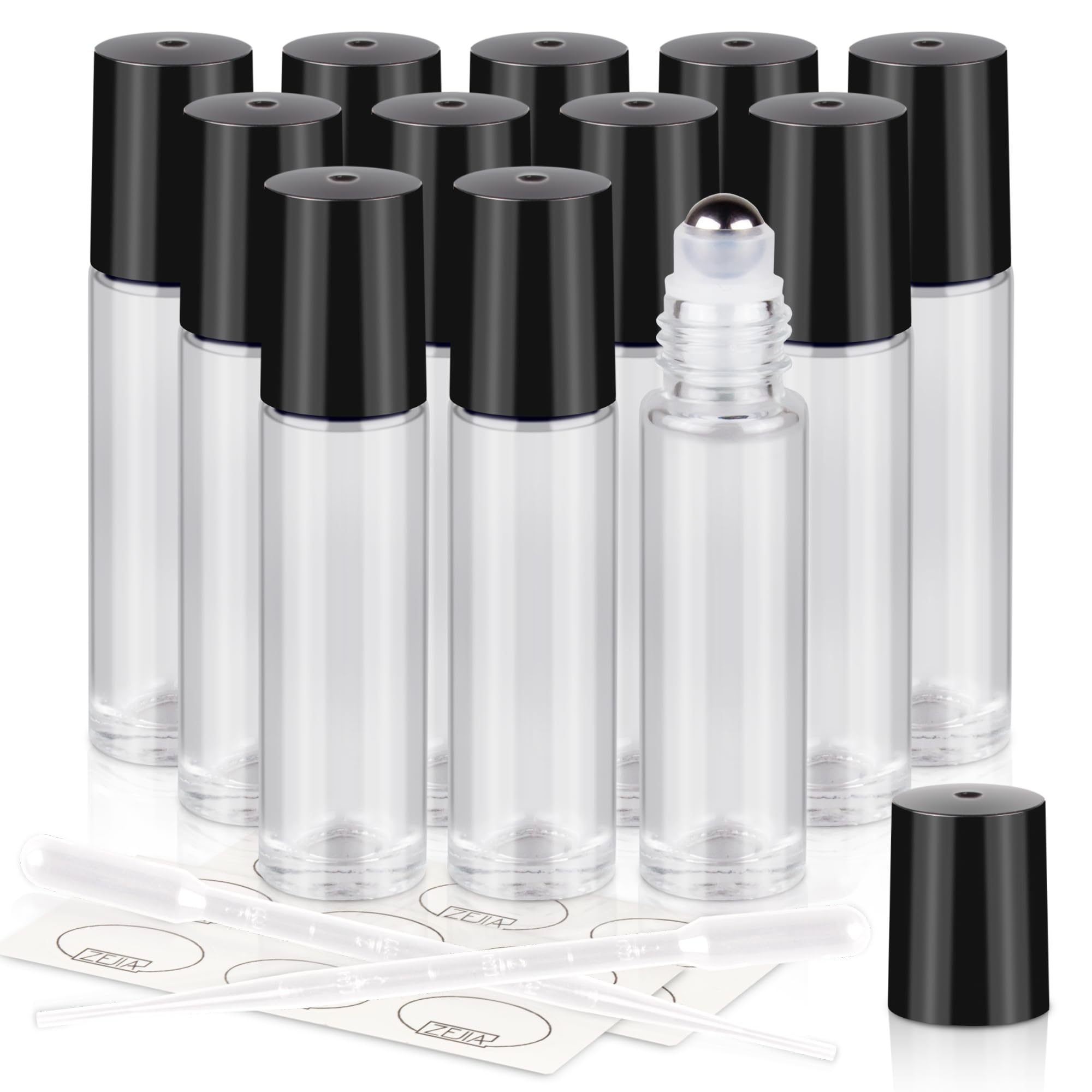 ZEJIA 10ml Roller Bottles 12Pack Clear Thick Glass Essential Oil Bottles with Stainless Steel Roller Ball and 2 Droppers