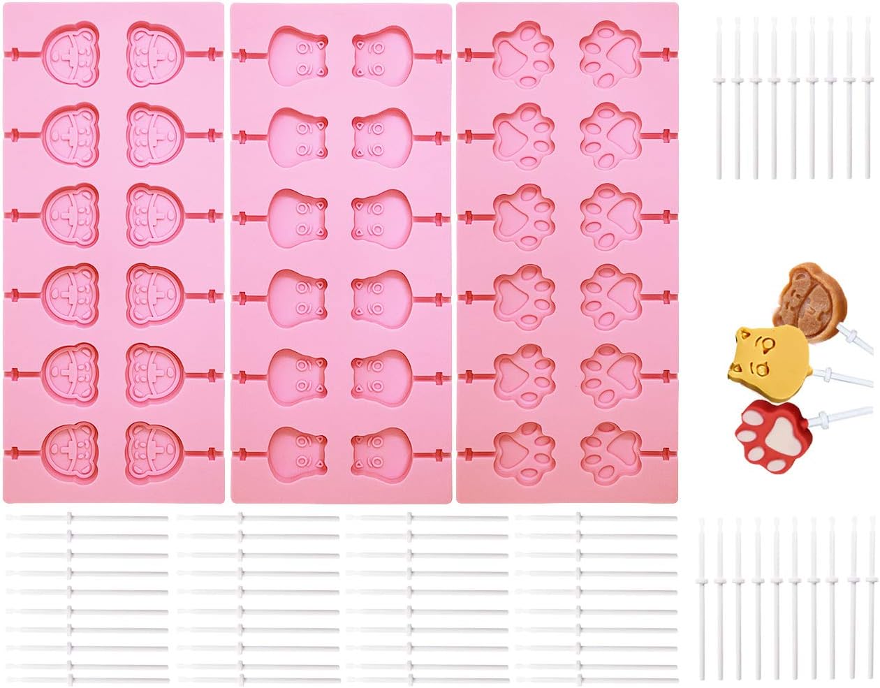 3 Pcs Silicone Lollipop Molds,Sonku 12 Cavity Cow Mini Chocolate Hard Candy Mold with 60 Pcs Sucker Sticks-Pink