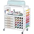 LUCKUP Organization and Storage Craft Table for Cricut Machines, Rolling Cart Cabinet with 28 Vinyl Roll Holders and 5 Drawers, Heat Press Stand Crafting Storage Cart with Hooks